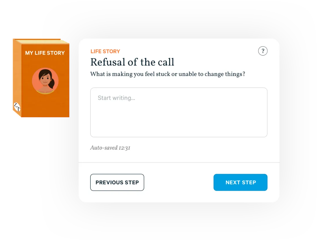 Illustration of therapeutic writing screen from website dashboard, showing the different types of writing available through different coloured book covers