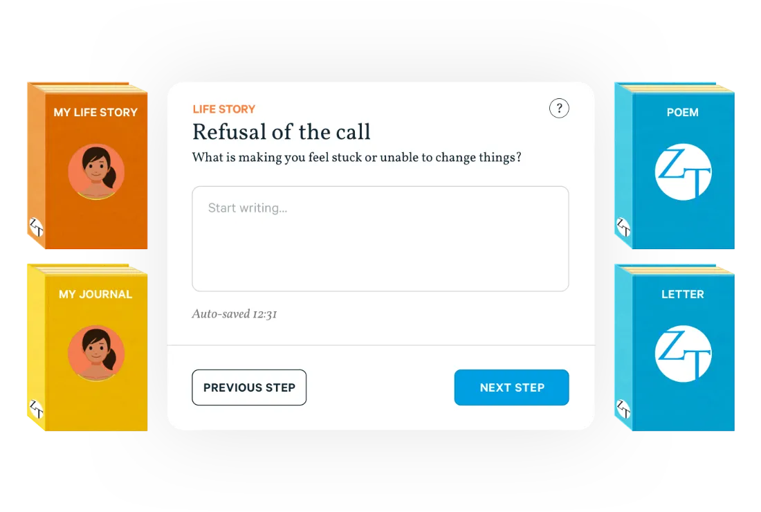 Illustration of therapeutic writing screen from website dashboard, showing the different types of writing available through different coloured book covers